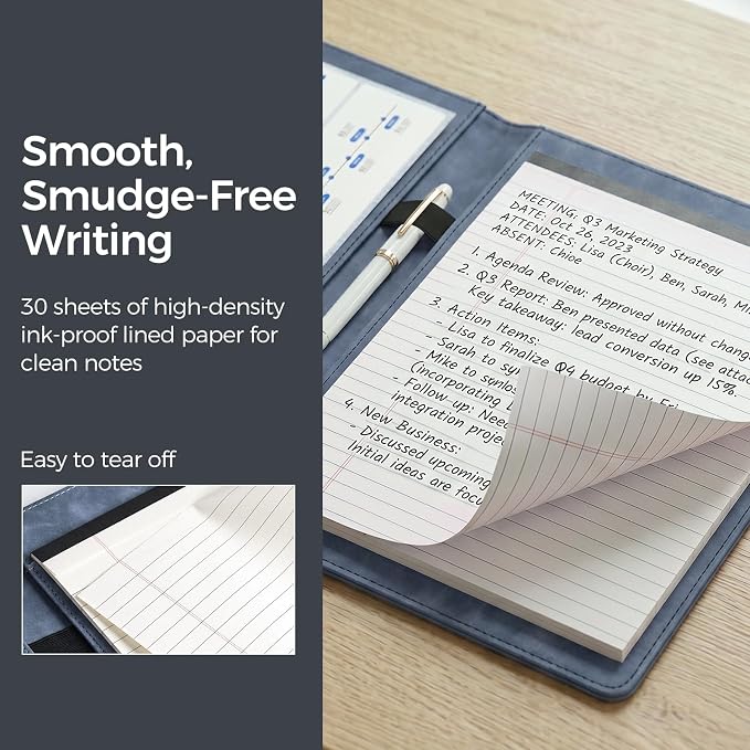 Koogel Portfolio Leather Binder, Dark Blue Padfolio Folder for Legal Pad Portfolio Organizer with 30 Sheets Writing Notepad