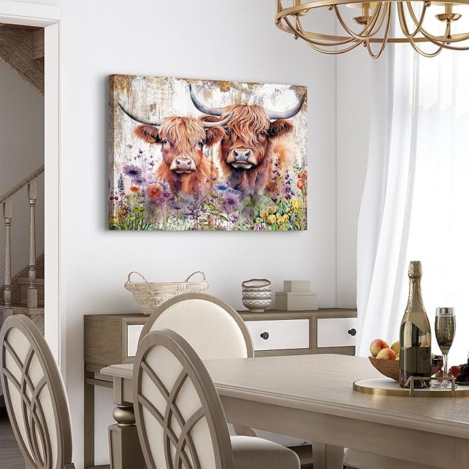 Cute Highland Cow Wall Art Rustic Cows Picture Wall Decor Nursery Room Decor Farmhouse Scottish Cow Wildflower Painting Western Country Cattle Poster Artwork for Bathroom Living Room Decoration 20x30"