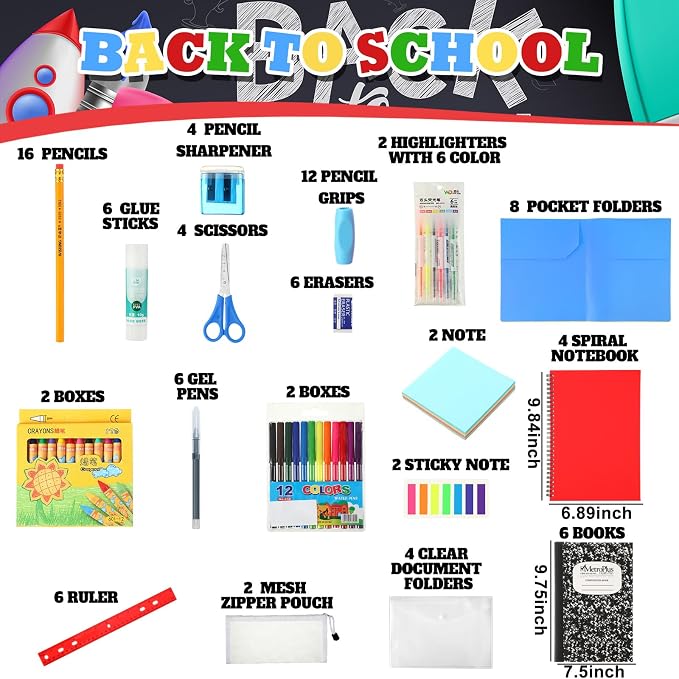 Gilprop 176 Pcs School Supply Kit 2 Set Back to School Supplies for Students Essential Bundle Kit Include Pencil Notebook Ruler Glue Scissor Sticky Note Eraser Pencil Sharpener