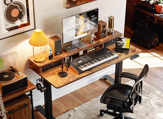 BANTI 48x24 Inch Electric Standing Desk with Dual Drawers, Height Adjustable Stand Up Table, Sit Stand Home Office Desk with Storage Shelf, Black Frame/Rustic Brown Top