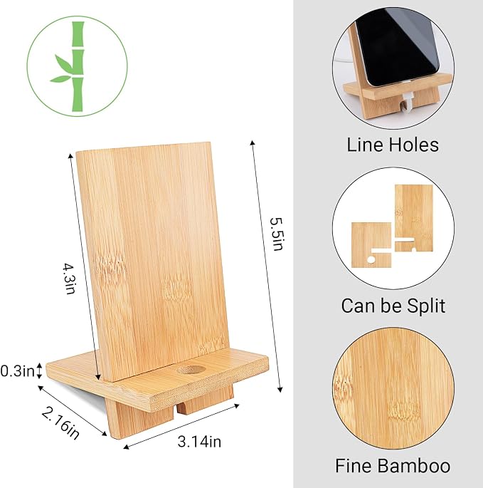 Mobile Stand Japanese Style Cellphone Holder Desktop Organizer Charging Station Compatible with All Smartphones Tablets Natural Bamboo Wood Portable Adjustable Angle (PLAIN-2HOLES)