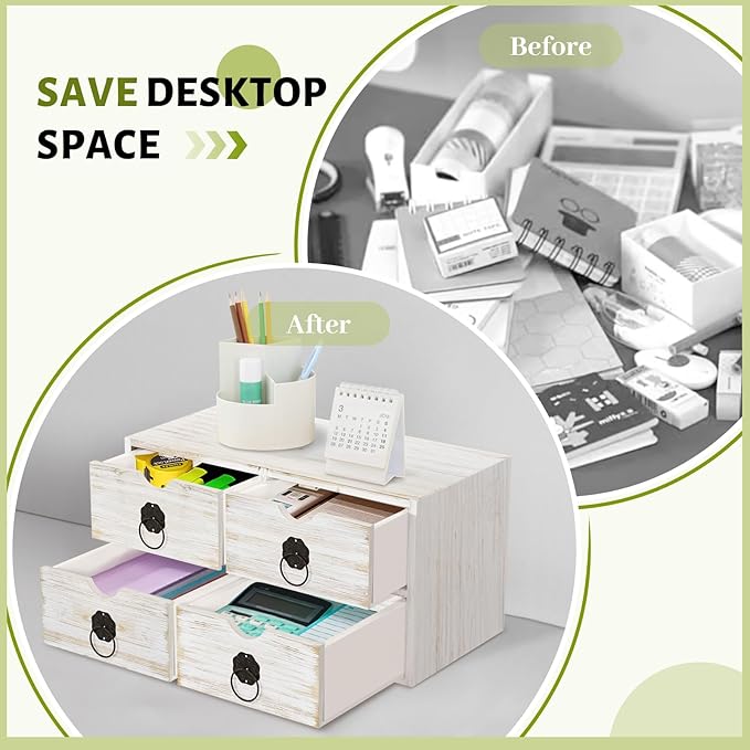 Wood Desk Organizer, White Wooden Desktop Organizer with Drawer, Tabletop Storage Organization Box for Countertop, Home Office Supplies, Bills (4 Drawer)