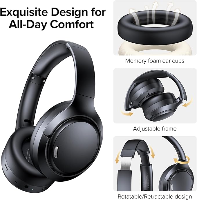 Hybrid Active Noise Cancelling Bluetooth 6.0 Headphones 120H Playtime 6 ENC Clear Call Mic, Over Ear Headphones Wireless with Hi-Res Audio Comfort Earcup Low Latency ANC Headphone for Travel Workout