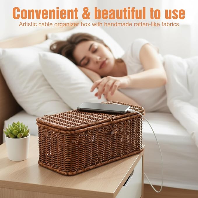 Cable Management Box Handmade Rattan Cable Organizer Stylish Hider Box with 2 Open Slots Desk Decorative Storage for Home Office Power Strips Cord Hider