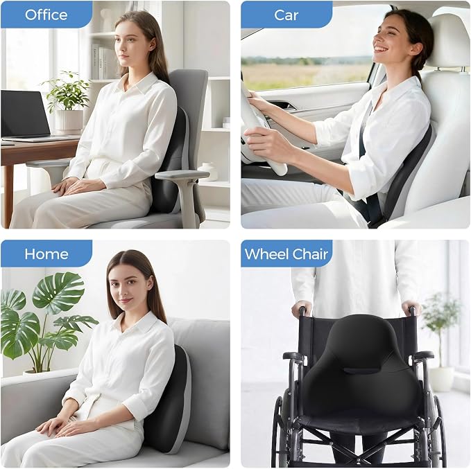 BEBAS Ergonomic Memory Foam Lumbar Support Pillow for Car & Office | Wraparound Side Wings for Back Support, Lumbar Cushion with Fixed Ring, Breathable Washable Cover, Fits Driving, Work, Black