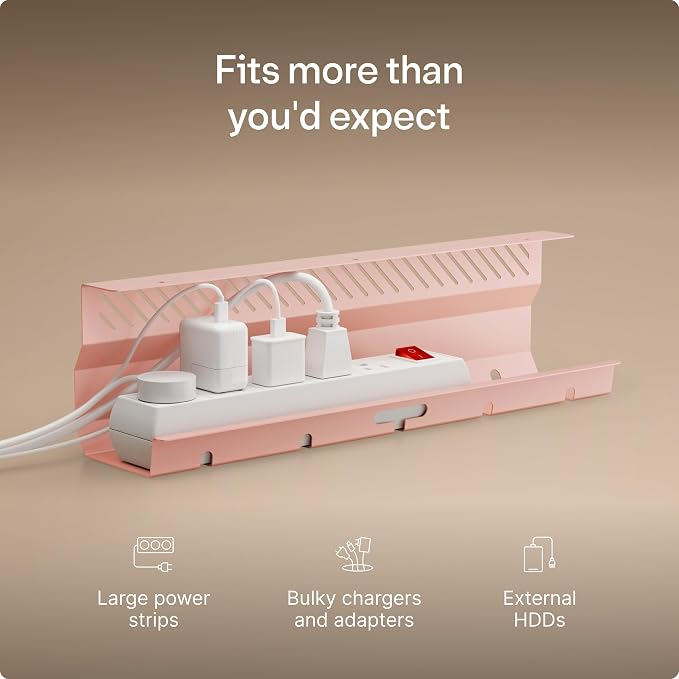 Desktronic Cable Duct Desk Pink Set of 2 - Stainless Steel Cable Management Desk Cable Duct with 5 Cable Cut-Outs - Easy to Install Cable Organiser - Cable Holder