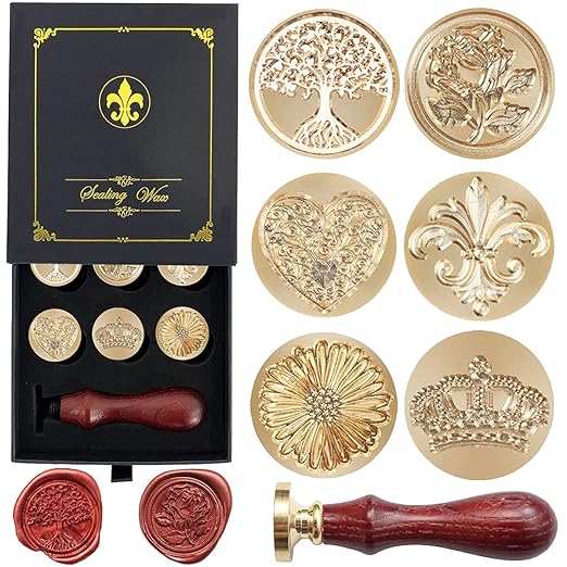 Wax Seal Stamp Gift Box Set, 6 Pcs Sealing Wax Stamps Copper Seals 1 Wooden Hilt, Wax Stamp Kit for Cards Envelopes, Gift Packaging (Nostalgic Classic Series)