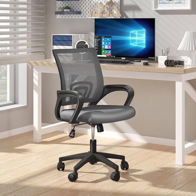 OS MOTOR Ergonomic Mid-Back Mesh Office Chair (Light Gray) | Lumbar Support, Adjustable Height, Swivel Rolling Design, Comfy Armrest, Home, Office, Work, Study, Gaming, Vanity