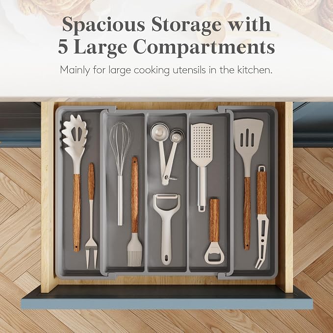 Lifewit Utensil Organizer for Kitchen Drawers, Expandable Cooking Utensil Tray, Adjustable Cutlery Silverware Flatware Holder, Plastic Spatula Tools Storage Divider, 11-18 x 14", Gray