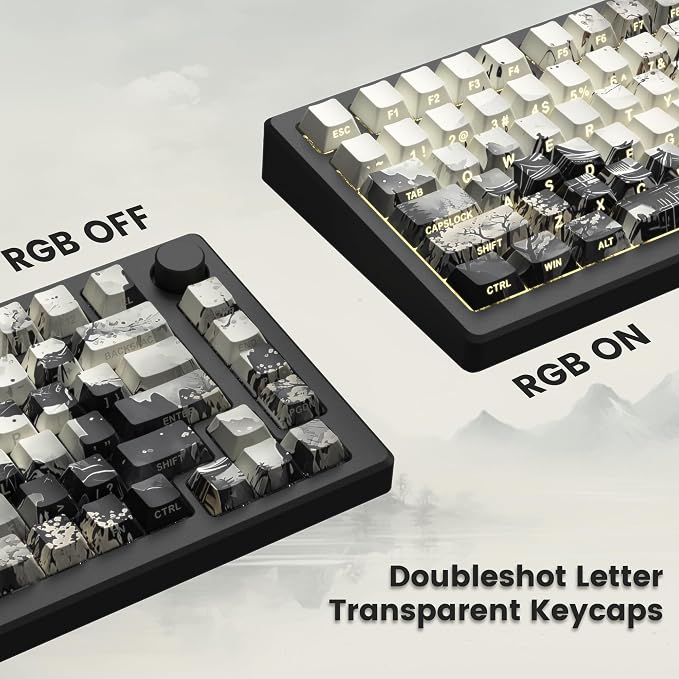 Womier PBT Keycaps Set 130 Keys, Custom White Japanese Keyboard Doubleshot Dye Sub Side Print Shine Through Keycaps 60 65 75 100 Percent, Cherry Profile (Ink Painting)