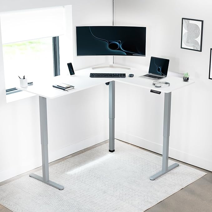 VIVO Corner Standing Desk, 63 x 55 inch Reversible L-Shaped Workstation, Electric Height Adjustment, Home, Office, and Reception Rooms, White Table Top Gray Frame, DESK-E3CTGW