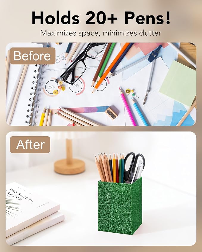 Acrylic Pen Holder Desk Organizer for Office, Green Glitter | Sparkling glitter acrylic makeup brush and pencil holder for desk, Modern desktop organizer for home, school and office