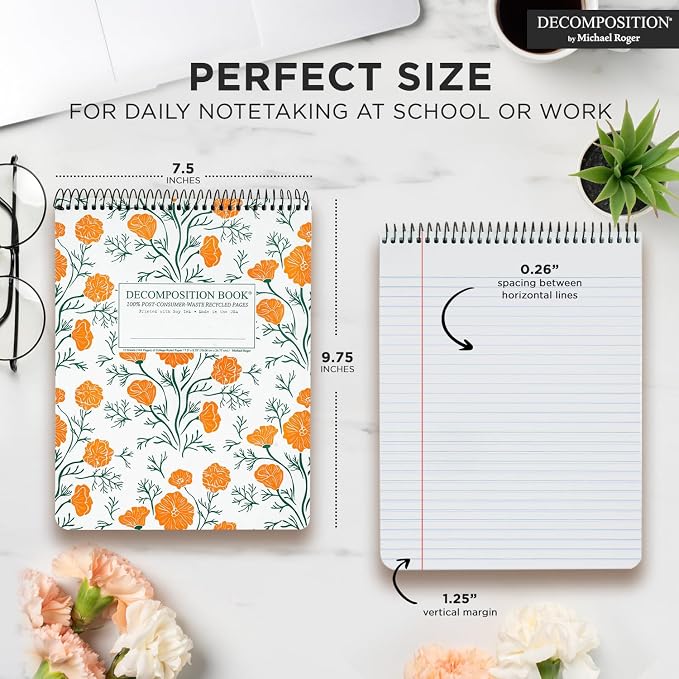 Decomposition Cali Poppies Top Bound Spiral Notebook – 7.5 x 9.75 Journal, College Ruled Lined Pages – Left-Handed Friendly Notebooks Ideal for Students, Artists & Office Professionals – Made in USA
