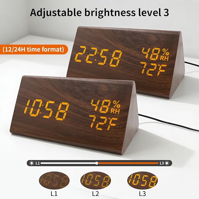 Wooden Digital Alarm Clocks for Bedrooms - Electric Desk Clock with Large Numbers, USB Port, Loud Alarm for Heavy Sleepers, Adjustable Volume, Dimmer, Snooze, DST, Wood Décor, Adapter Powered