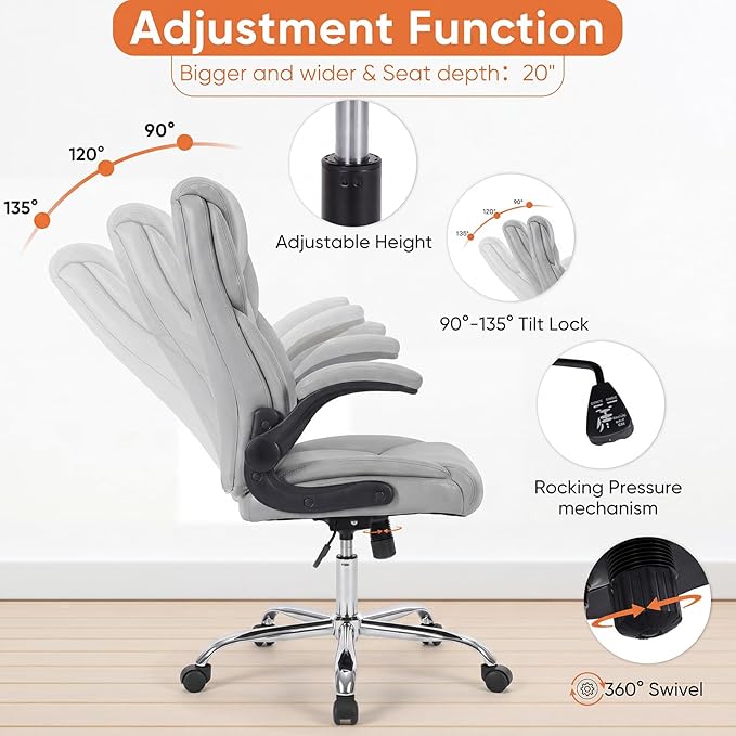 Sweetcrispy Office Computer Gaming Chair Set of 2, Ergonomic High Back Heavy Duty Task Desk Office Chairs with Wheels, Flip-up Arms, Adjustable Height, PU Leather, Grey