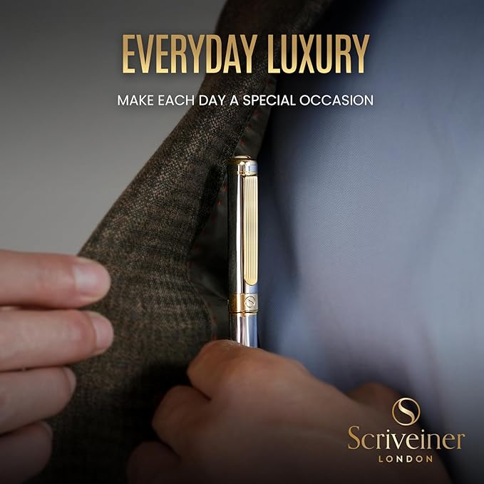 Scriveiner Silver Chrome Ballpoint Pen - Stunning Luxury Pen, Real Gold Plating, Schmidt Black Refill, Best Ball Pen Gift Set for Men & Women, Professional, Executive, Office, Nice, Fancy Pens