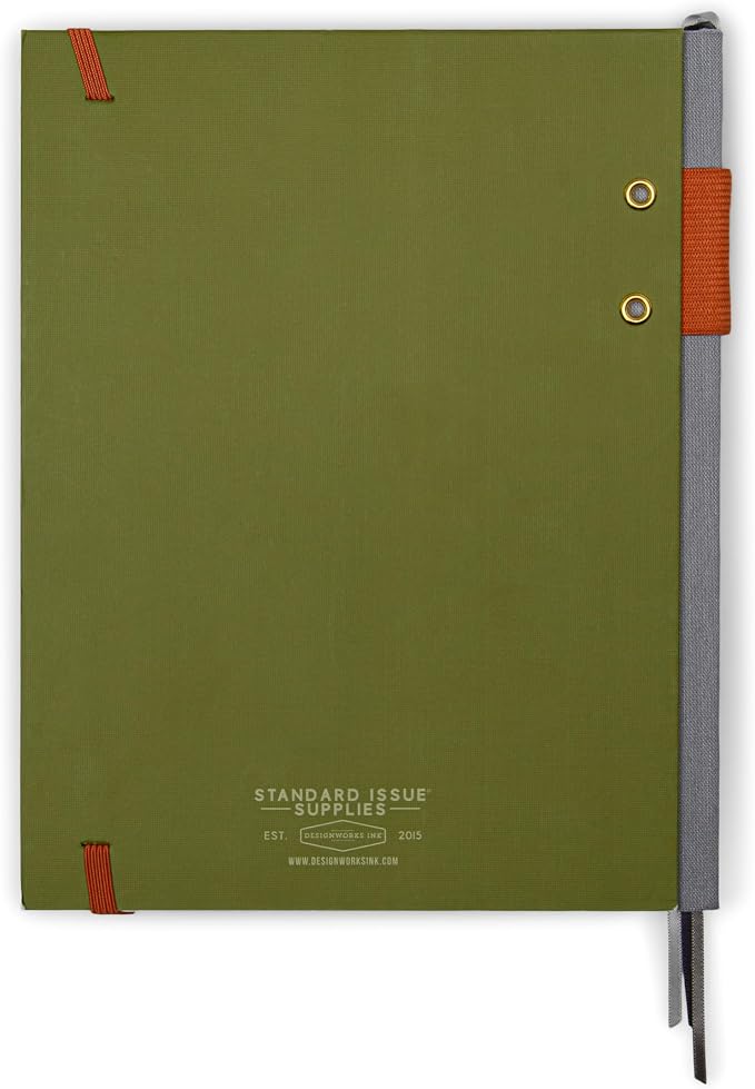 DesignWorks Ink Standard Issue Notebook No. 3, Undated Daily Planner & Writing Journal, 192 Lined Pages, Pen Holder, Small Notebook for Work & Journaling, 6.75 x 8.5 in, Army Green Chili