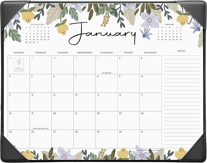 Cabbrix Desk Calendar 2026 with Desktop Mat, Floral Desk Pad Calendar 15 x 12 Inch 18 Months Runs From January 2026 to June 2027, Desk Blotter Calendar for Home School and Office (Black)