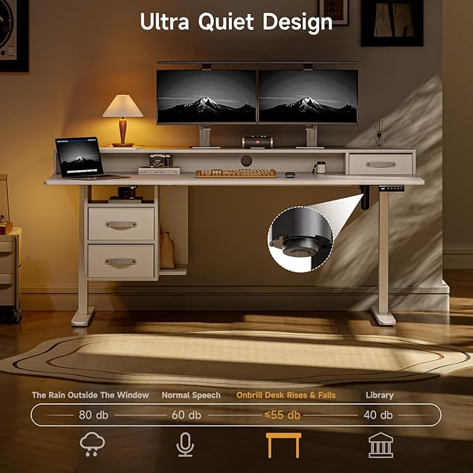 ONBRILL Standing Desk with Drawers, 55x24 Inch Electric Stand Up Desk with 3 Drawers and Open Storage Shelf, Adjustable Height 28-46 Inches for Home and Computer Workstation, White