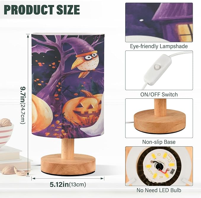 Dussdil Halloween Ghost Pumpkin Table Lamp Bedroom Bedside Night Reading Desk Lamps Bat Owl Cylinder Nightstand Sleeping Light Lamp for Kids Living Room Office Decor