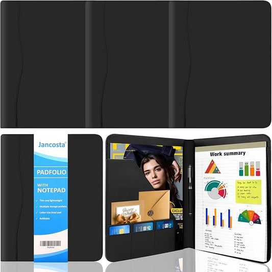 5 Pack Business Padfolio Portfolio Binder, Faux Leather Folio Folder, Resume Legal Document Organizer with Letter Size Writing Notepads (New Black 5 Pack)