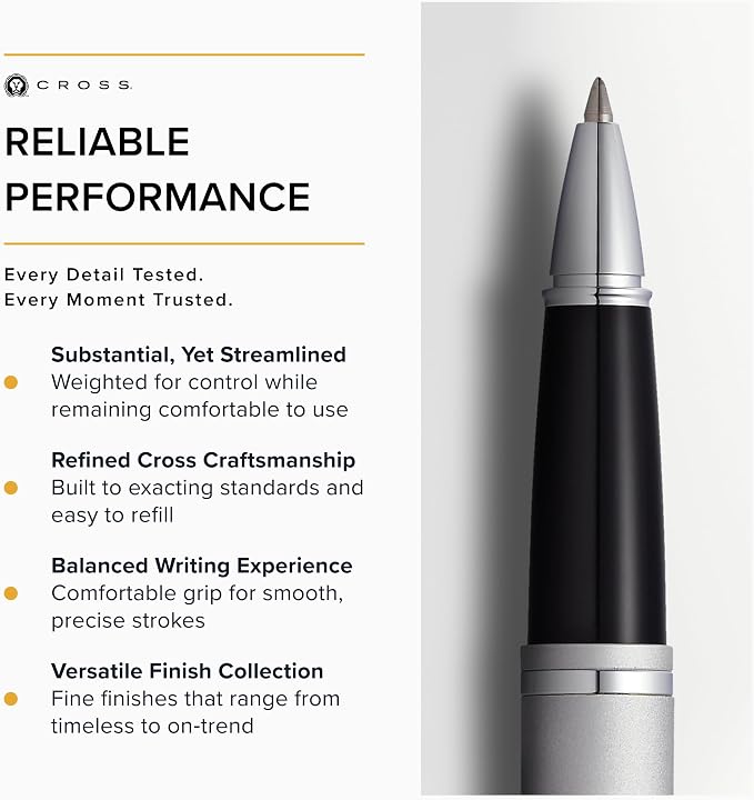 Cross Calais Satin Chrome Rollerball Pen - High-End Pen for Everyday Use - Professional Desk Essential - Smooth Writing - Durable Construction - Black Ink - Gift Box Included