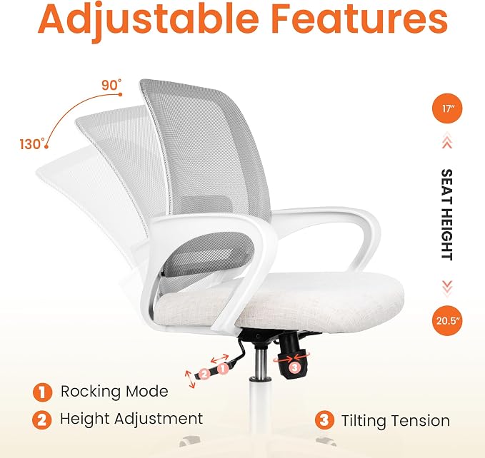 NEO Chair Office Desk Computer Ergonomic Chair Comfy Mid Back Mesh Seat with Lumbar Support Adjustable Height Swivel Rolling Wheels for Home Task Vanity Study Bedroom (Ivory-White Frame)