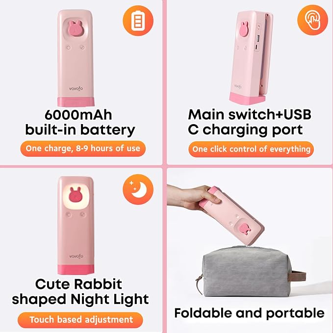 VAVOFO Cute Bunny Desk Lamp, Foldable LED Rechargeable Table Light, Eye-Caring Reading Lamp, 3 Color Modes & Dimmable, for Kids Girls Bedroom Study Dorm Room(Pink)