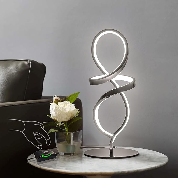 Mayful Modern Table Lamp with LED Unique Spiral Design, Small Nightstand Lamp with Stepless Dimming Switch, Chrome Bedside Lamps for Bedroom, Nightstand, Living Room, Office, 12W 3200K Warm White