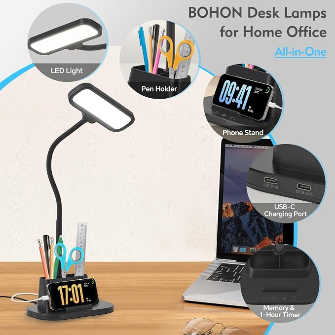BOHON Desk Lamp for Home Office Reading Light with USB Charging Port Black | Small Desk Lamps with Pen Holder, 5 Color Modes 5 Brightness, Touch Gooseneck LED Table Lamp for Dorm Room Essentials Study