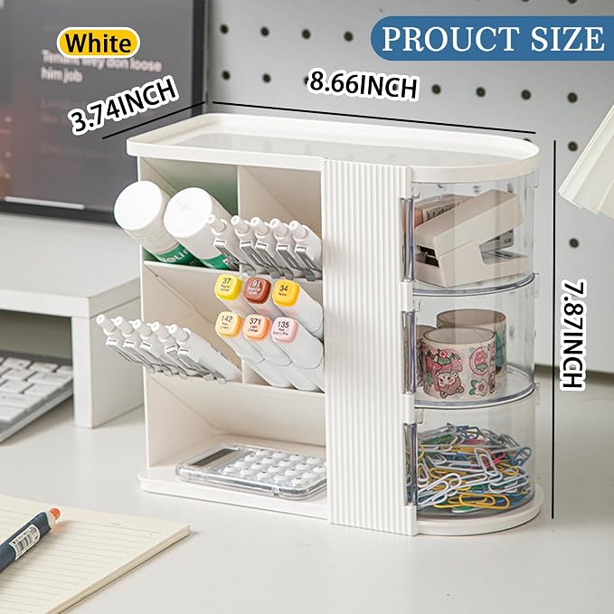 Desk Organizer with Pen Pencil Holder for Desk, Pen Organizer with 3 Drawers, Multi-Functional Desk Organization Deals and Accessories Desktop Storage for Office Home Art Supplies (White)