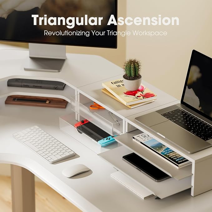 Fenge Dual Monitor Stand with Storage, Corner Desk Shelf for Top of Desk | Wooden Monitor Riser with Drawer and Slide-Out Tray, 2 Tier Storage, for Home Office, Computer, Laptop, Printer