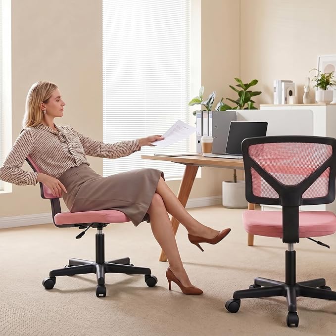 OLIXIS Armless Office Chair, Ergonomic Desk Chair with Wheels, Mesh Back, Removable Washable Foam Cushion, Height Adjustable Rolling Swivel Chairs for Small Space, Home, Office, Pink