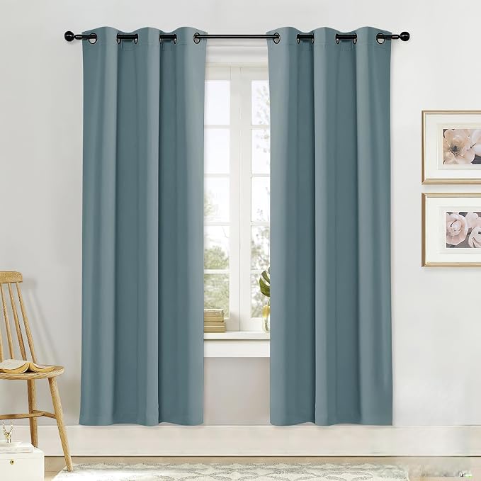 NICETOWN Black Out Curtain Panel Shade, Single Piece, 34 inches Wide by 72 inches Long, Greyish Blue, Solid Energy Efficient Eyelet Top Window Blind for Guest Room