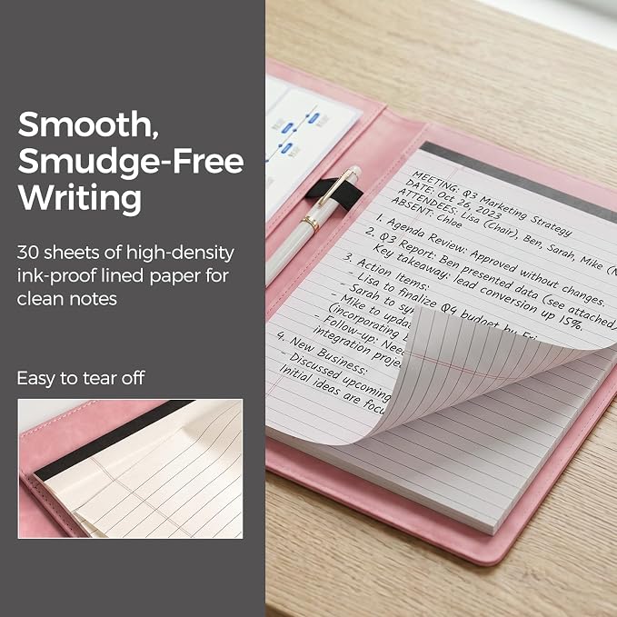 Koogel Padfolio Portfolio Folder, Leather Clipboard Portfolio Binder 13x10 inch Legal Writing Pad for Document Organizer Business Notepad Clip Boards for Women Office School Conference Meeting, Pink