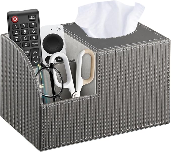 Square Tissue Box Cover with Storage, PU Leather Facial Cube Tissue Holder | TV Remote Control Holder, Desk Accessories Nightstand Organizer, Modern Table Caddy for Bathroom, Bedroom, Home, Office Decor