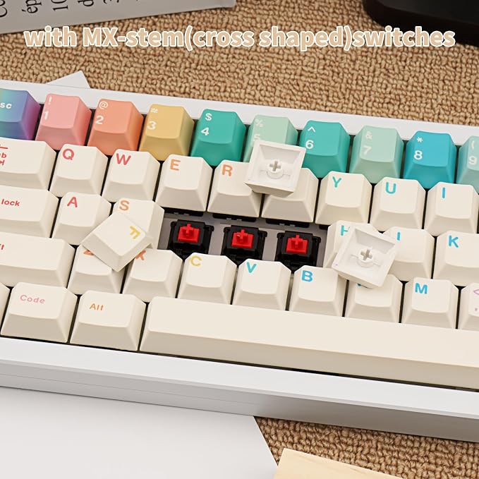 Minimalist White PBT Keycaps, 150 Keys Cute Macaron Theme Keycap, Cherry Profile Dye-Sublimation Colorful Keycaps for 61/64/68/84/87/100/104/108 Cherry MX Mechanical Keyboards