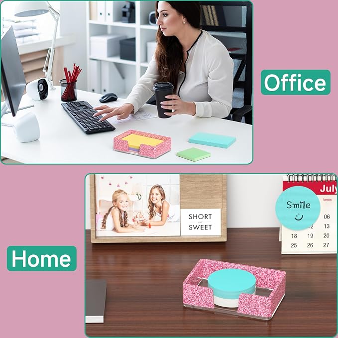 Sticky Note Holder, Glitter Pink Acrylic Notepad Holder 4x6 in Self-Stick Note Dispenser Office Desk Accessories, Memo Pad Holder Organizer for Classroom School Supplies