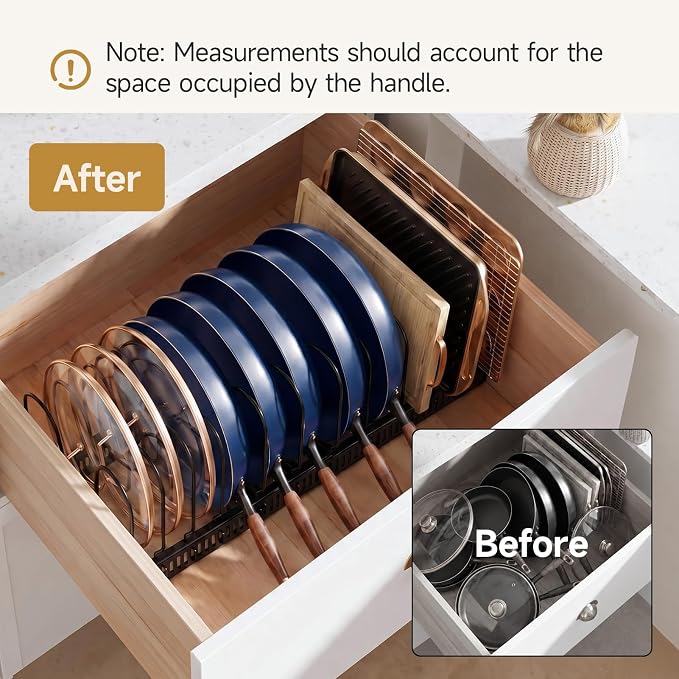 MUDEELA Pot Lid Organizer for Cabinet, Expandable Baking Pan Rack 12 Slots | 11.8–22.9" Expandable, 12 Adjustable Divider, Tool-Free Assembly, Non-Slip, Scratch-Proof, For Pan Lid Cutting Board Bakeware