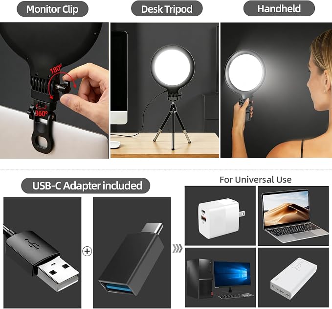 Computer Video Conference Lighting for Zoom: 6in Dimmable 3200K-6500K Ring Light with Monitor Clip & Desk Tripod - Professional Eye-Caring Webcam Light for Home Office Teams Video Calls & Streaming