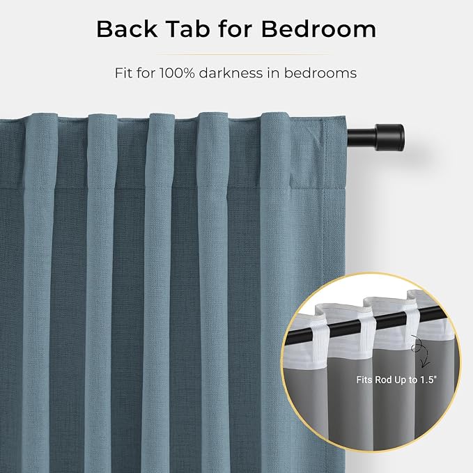 INOVADAY 100% Blackout Curtains for Bedroom, Black Out Curtains 108 Inch Long, Clip Rings Linen Blackout Drapes, Thermal Insulated Room Darkening for Living Room, 2 Panels - Stone Blue, W50xL108