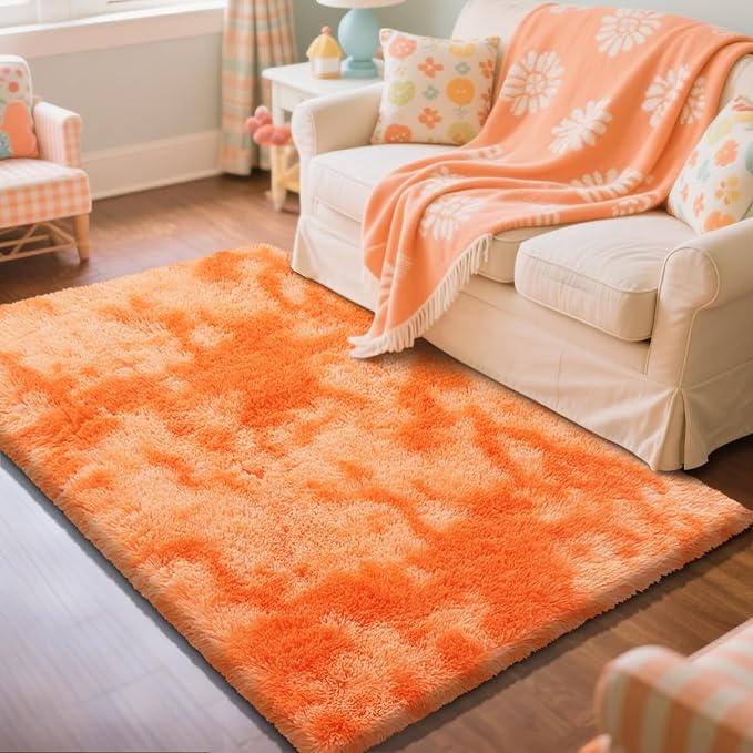 Mottling Orange Fluffy Rug Shag Area Rug, 3x5 Area Rugs for Girls Bedroom, Soft Play Mat, Indoor Floor Carpet for Teen, Preppy Dorm, Plush Aesthetic Bedside Rug