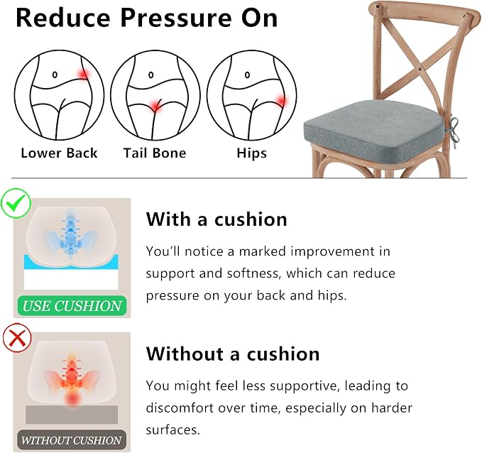 Nordjager Chair Cushions for Dining Chairs, 4 Pack Memory Foam Cushion | 2.5" Thick Chair Cushion; Waterproof Surface with 17" x 16" Size for Kitchen & Dining Chairs, Secure Ties and Washable Cover.