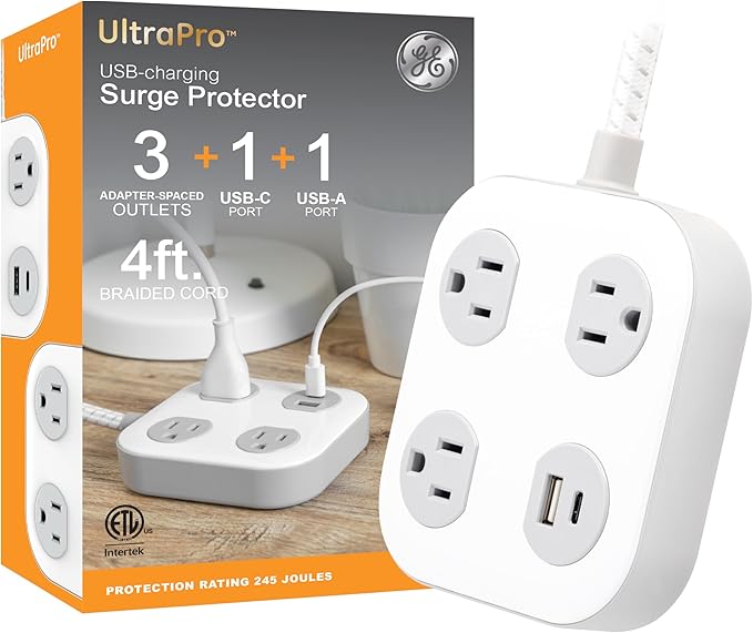 GE UltraPro 3-Outlet Surge Protector with 4ft Braided Cord, Power Strip, Extension Cord, Flat Plug, 1 USB-A & 1 USB-C Port, 245 Joules, for Home School & Office, Charging Station, White – 81786