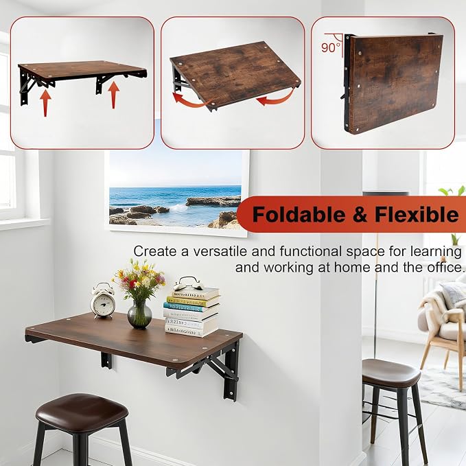 Wooden Folding Shelf Wall Mounted for Small Space, Wall Table for Living Room Bedroom Decor, Home Office Floating Fold Down Desk, Media Shelves with Heavy-Duty Brackets Holds Up to 30lbs, 16.5"*11.8"
