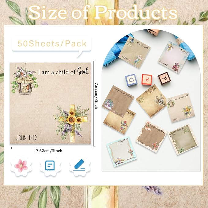 Floral Bible Sticky Notes Gifts, 9 Pack Flower Bible Verse Notepads 3x3 Inches, Vintage Religious Faith Gifts for Christian Women, Biblical Memo Pads School Office Supplies (450 Sheets)