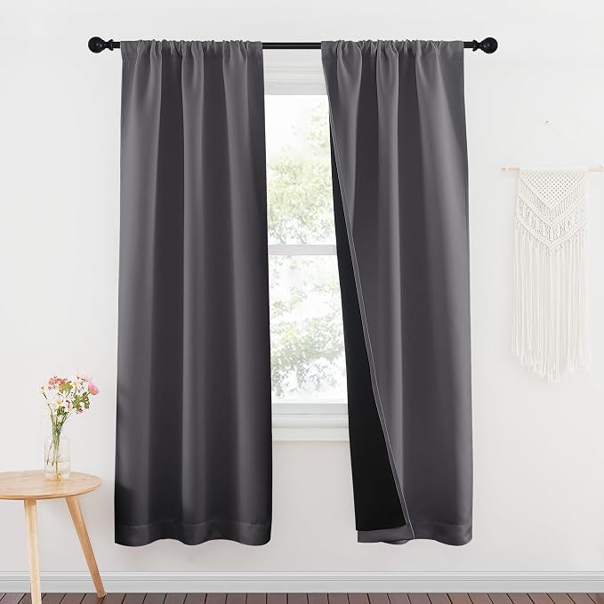 NICETOWN 100% Blackout Window Curtain Panels, Rod Pocket Full Light Blocking Drapes with Black Liner for Nursery, 72 inches Drop Thermal Insulated Draperies (Grey, 2 Pieces, 37 inches Wide Per Panel)