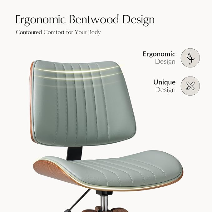 HULALA HOME Faux Leather Home Office Desk Chair No Wheels, Sage | Mid-Century Modern Desk Chair with Wood Legs, 360° Swivel Computer Task Chair with Channel-Tufted Backrest, Height Adjustable