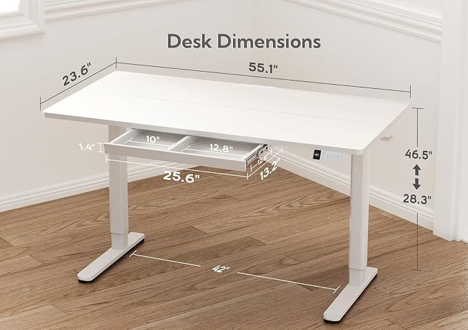 Claiks Electric Standing Desk with Drawers, 55x24 Inch White | Metal steel frame supports 176 lbs, 28.35 to 46.46 inch height range, 3 memory settings, 45 dB motor