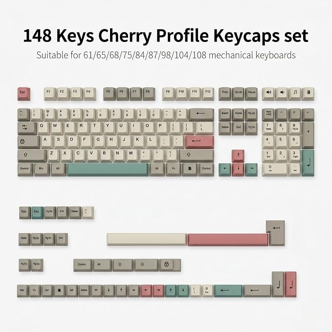 Retro 9009 Keycaps 148 Keys, Beige Grey PBT Dye-Sub Keycap Set with Pink Accents Cherry Profile for 61/64/68/84/87/100/104/108 Mechanical Keyboard Cherry Mx Switches